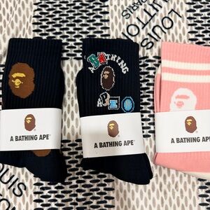 3 pairs Bape Crew Socks Striped Logo Mens/ Womens Unisex Size 9-11  New!